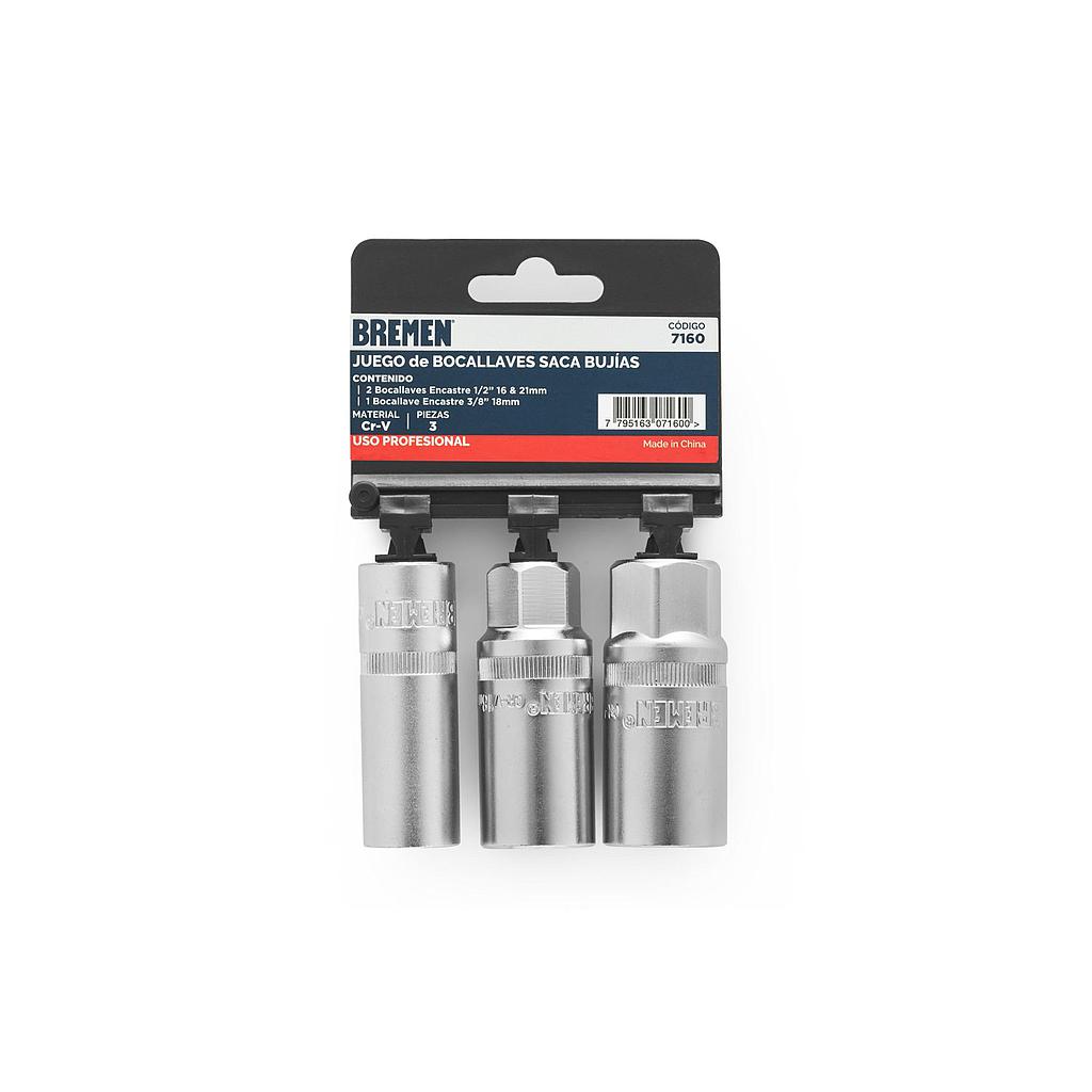 BOCALLAVE SACA BUJIAS x 3 Pzs (Enc.1/2&quot; 16 &amp; 21mm-Enc. 3/8&quot; 18mm) BREMEN® (7160)