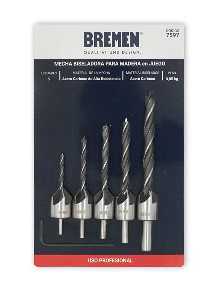 [BREMBJ] Mecha Biseladora p/Madera x 5 Pzs. (3, 4, 5, 6 &amp; 8mm) BREMEN® (7597)